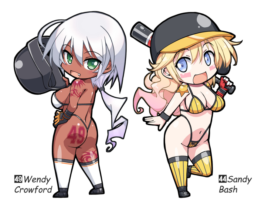 2girls ass ass_tattoo baseball_bat baseball_helmet bikini breasts character_name chibi covered_erect_nipples curly_hair dark-skinned_female dark_skin fang helmet large_breasts long_hair looking_at_viewer looking_back multiple_girls ponytail rakko_(r2) sandy_bash shiny_skin star_(symbol) suketto_sanjou! swimsuit tattoo thick_thighs thighhighs thighs thong wendy_crawford