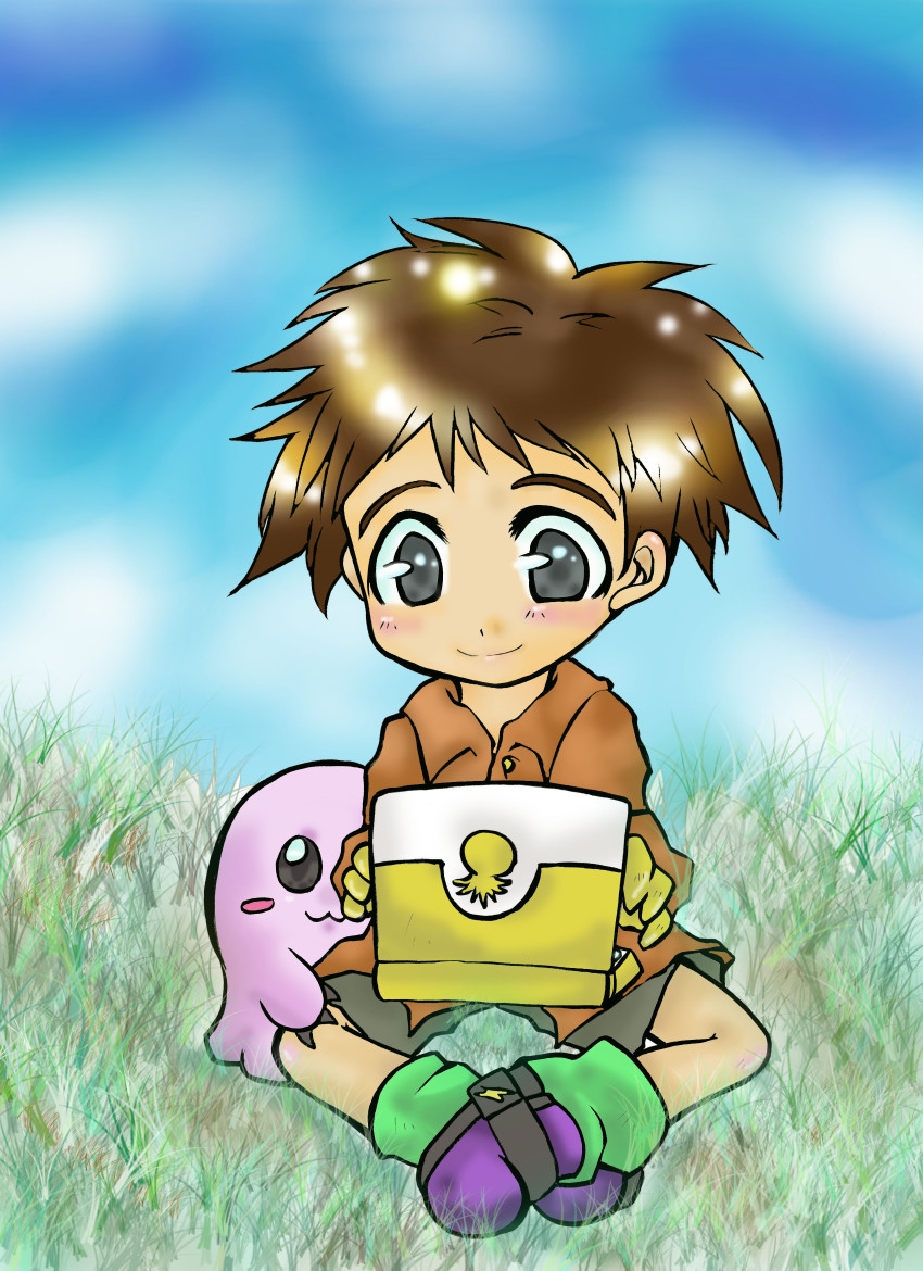 Izumi Koushirou Mochimon Digimon Absurdres Highres Black Eyes Brown Hair Computer Laptop