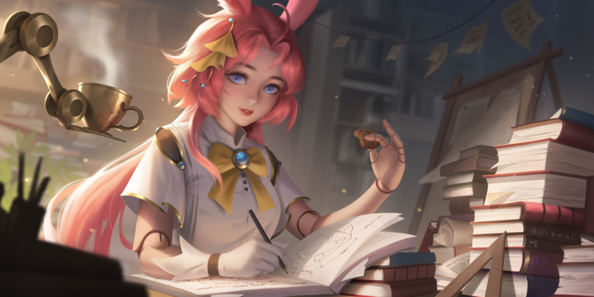 1girl animal_ears blue_eyes blurry blurry_background book book_stack cookie cup dark_duck doll_joints food gloves hair_ornament highres joints long_hair looking_at_viewer open_book original parted_lips pink_hair ponytail rabbit_ears rabbit_girl short_sleeves single_glove solo teacup white_gloves