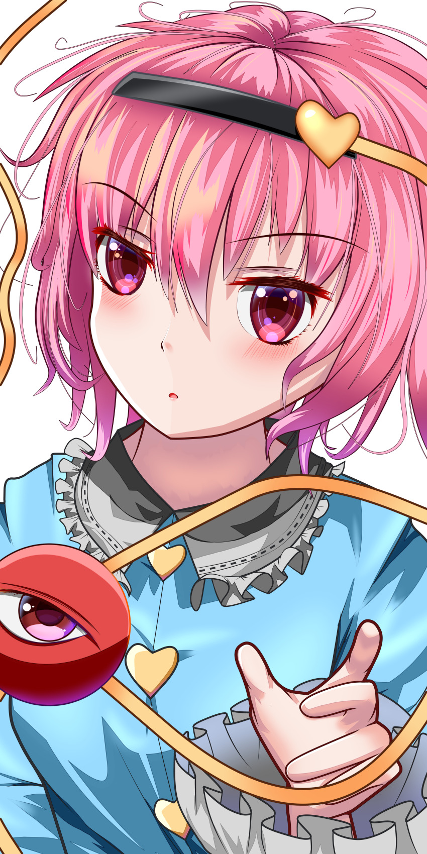 1girl :o absurdres black_hairband blue_shirt collared_shirt frilled_shirt_collar frilled_sleeves frills hair_between_eyes hairband highres komeiji_satori long_sleeves looking_at_viewer medium_hair open_mouth pink_eyes pink_hair shirt simple_background solo star_shin third_eye touhou upper_body white_background