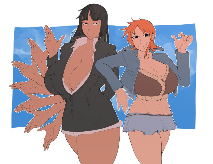 2girls black_hair blunt_bangs border breasts cleavage collarbone collared_shirt cowboy_shot extra_arms hana_hana_no_mi highres huge_breasts large_breasts looking_at_viewer medium_hair multiple_girls nami_(one_piece) nico_robin nico_robin_(water_7) one_piece orange_hair shirt short_hair smoxul thighs white_border