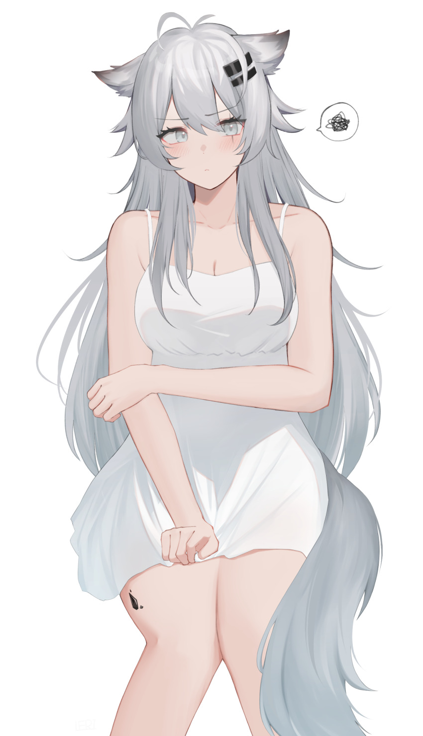 1girl absurdres animal_ears arknights dress feet_out_of_frame grey_eyes grey_hair hair_between_eyes hair_ornament hairclip highres l_eri lappland_(arknights) long_hair looking_at_viewer scar scar_across_eye simple_background sitting solo spoken_squiggle squiggle tail very_long_hair white_background white_dress wolf_ears wolf_girl wolf_tail