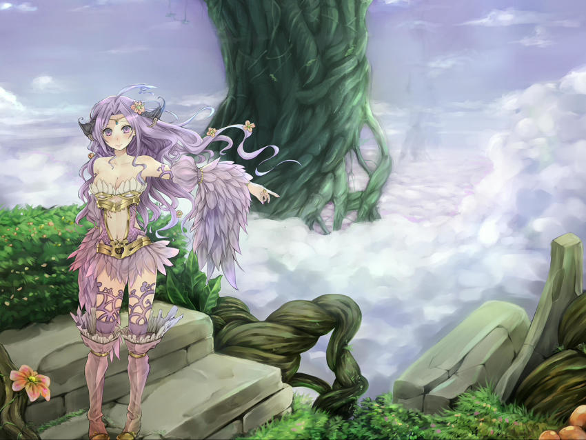 1girl above_clouds ahoge black_wings blush breasts cleavage closed_mouth cloud cloudy_sky demon_wings detached_sleeves feather_skirt feather_sleeves feathers flower full_body hair_flower hair_ornament head_wings highres in-universe_location jewelry long_hair looking_at_viewer medium_breasts navel nidhoggr_(ragnarok_online) parted_bangs pink_flower pointing pointing_to_the_side purple_eyes purple_footwear purple_hair purple_skirt purple_sleeves ragnarok_online ring skirt sky smile solo standing tree very_long_hair vicsen-u5 wavy_hair wings