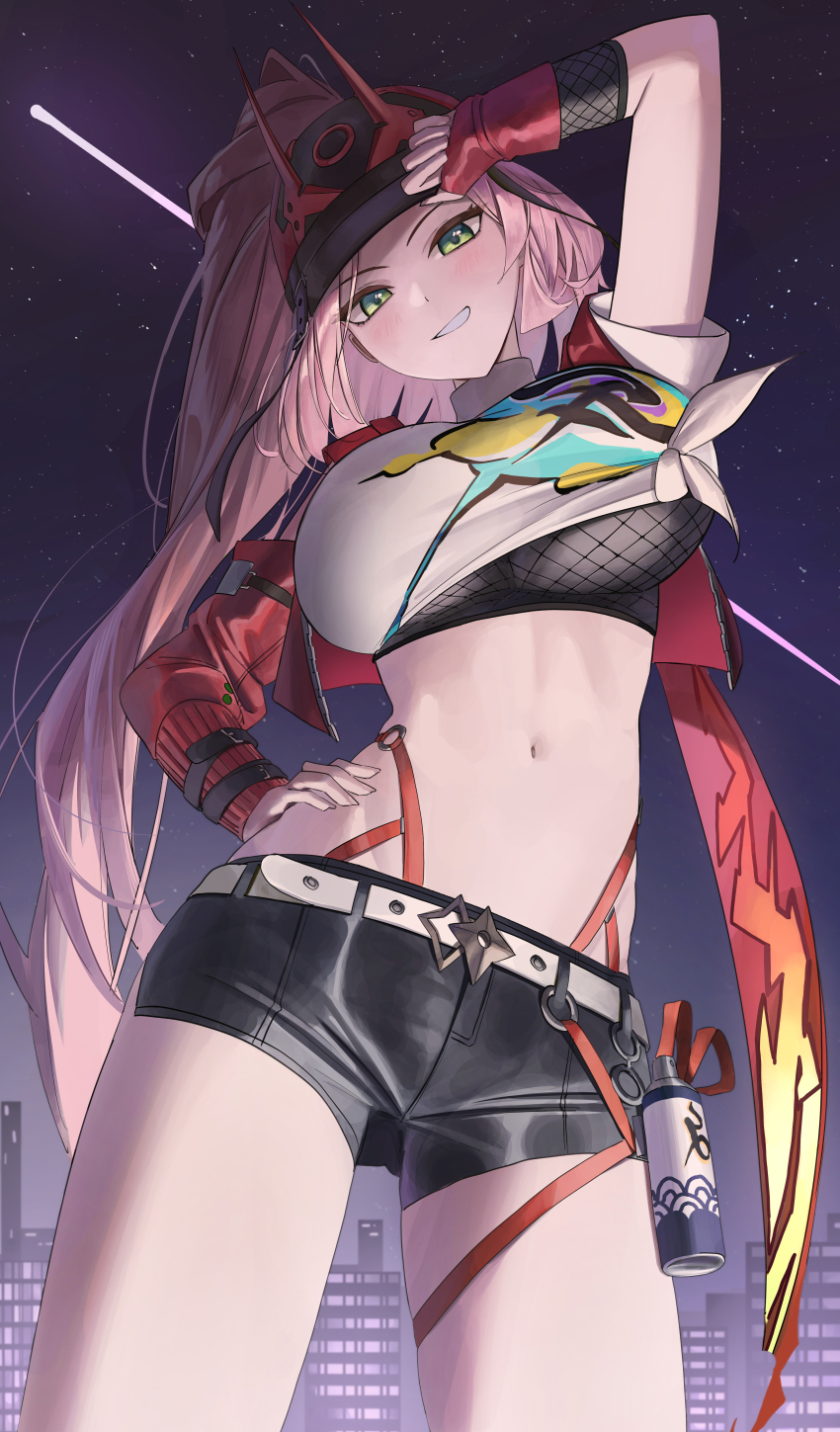 1girl absurdres baseball_cap black_shorts breasts commentary crop_top extreme_crop_top fishnet_top fishnets green_eyes hand_on_own_hip hat highres honkai:_star_rail honkai_(series) jacket large_breasts long_hair looking_at_viewer navel pink_hair ponytail rappa_(honkai:_star_rail) red_jacket shirt short_shorts shorts ske4682 smile solo spray_can stomach tied_shirt very_long_hair