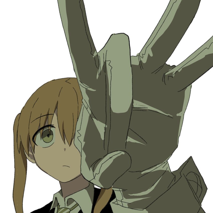 1girl black_coat closed_mouth coat diagonal-striped_clothes diagonal-striped_necktie gloves green_eyes green_necktie highres long_sleeves looking_at_viewer maka_albarn necktie poopoopoppopoo simple_background solo soul_eater striped_clothes white_background white_gloves wrist_cuffs