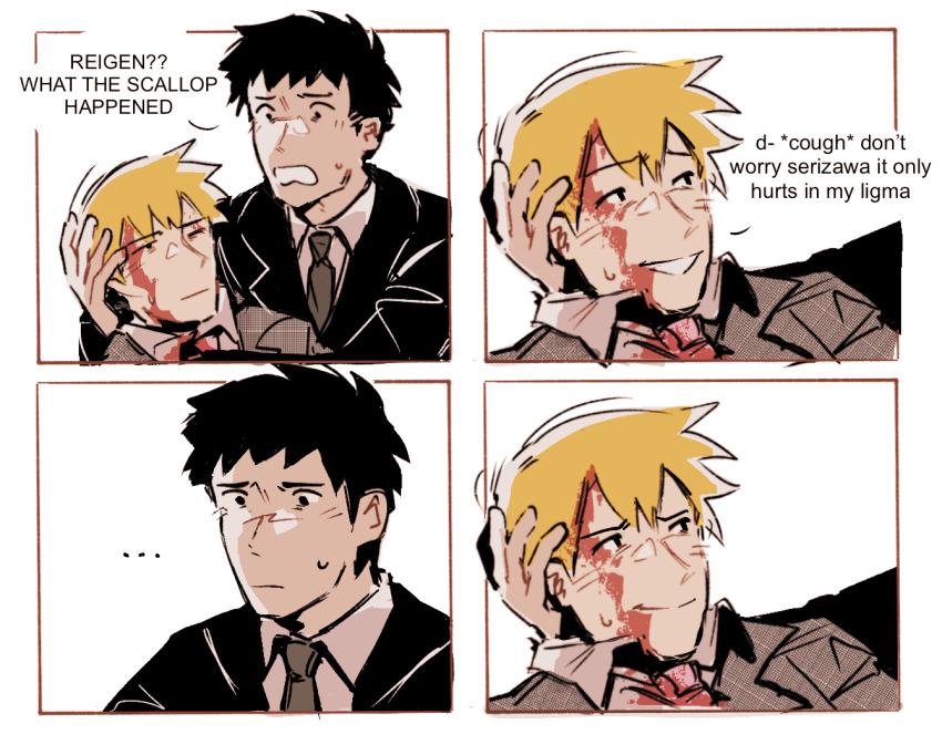 ... 2boys 4koma black_hair blonde_hair blood blood_on_face closed_mouth collared_shirt comic commentary deez_nuts_(meme) english_commentary english_text hand_on_another&#039;s_head looking_at_another male_focus meme mob_psycho_100 mp100days multiple_boys necktie open_mouth reigen_arataka serizawa_katsuya shirt short_hair simple_background smile white_background