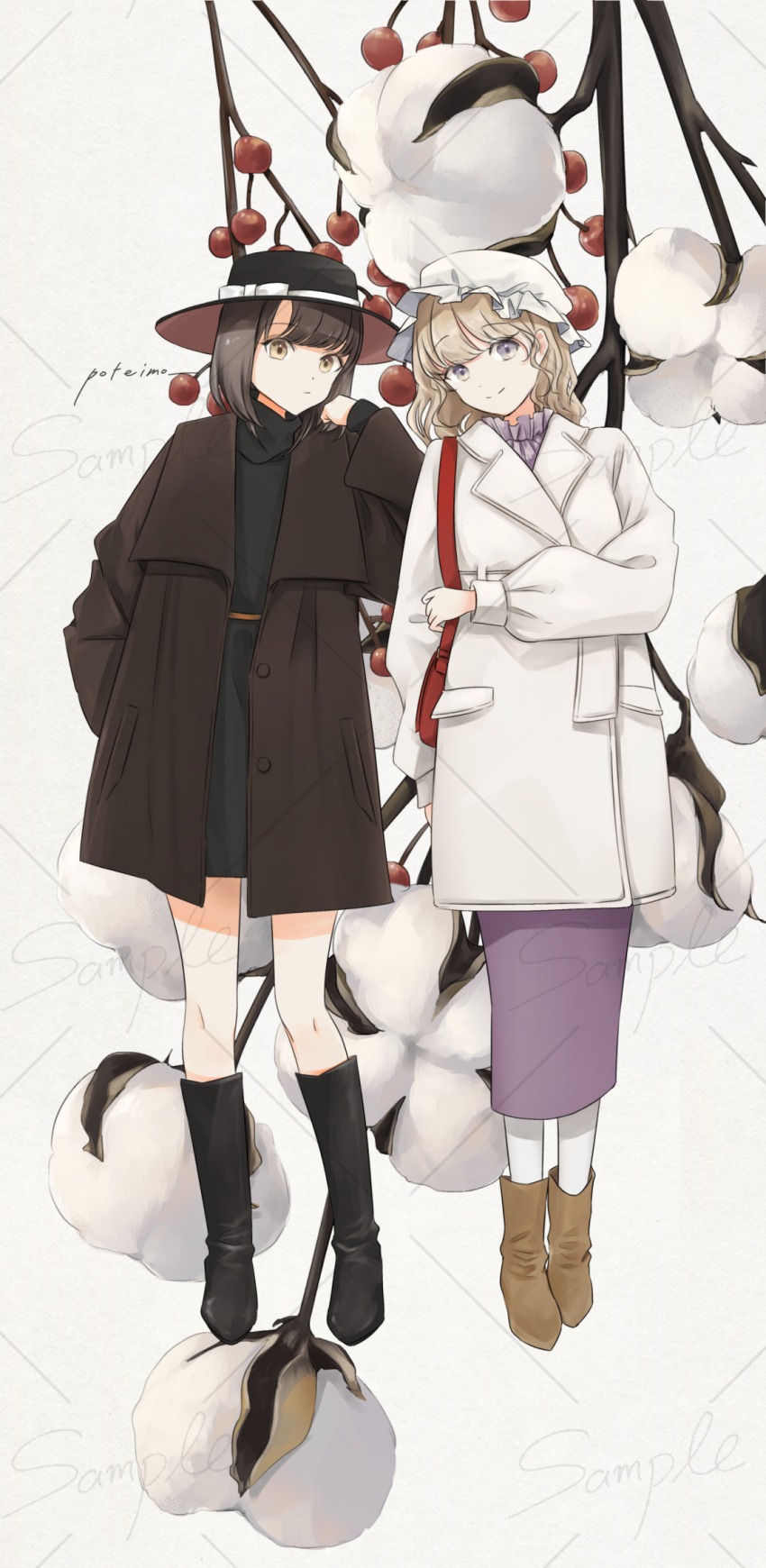 2girls black_coat black_dress black_footwear black_hair black_hat blonde_hair boots brown_eyes brown_footwear coat dress full_body hat highres looking_at_viewer maribel_hearn medium_hair multiple_girls poteimo_(poteimo622) purple_dress purple_eyes sample_watermark smile touhou turtleneck turtleneck_dress usami_renko watermark white_coat