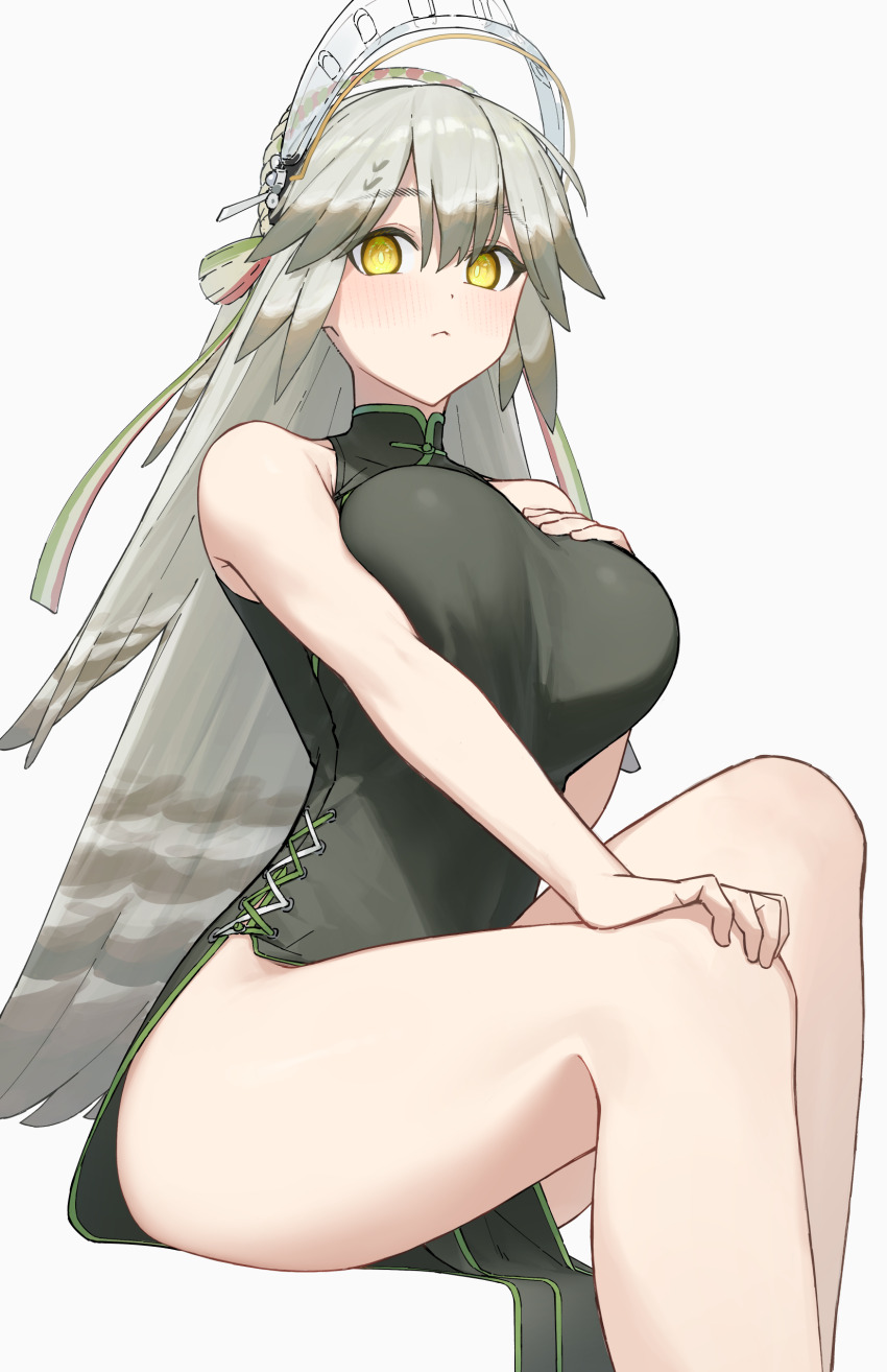 1girl absurdres allen.n alternate_costume arknights bare_arms bare_shoulders black_dress blush breast_suppress breasts china_dress chinese_clothes closed_mouth commentary_request dress expressionless fartooth_(arknights) feet_out_of_frame grey_background grey_hair hair_between_eyes hand_on_own_knee high_collar highres invisible_chair large_breasts long_hair looking_at_viewer partial_commentary side_slit simple_background sitting sleeveless sleeveless_dress solo yellow_eyes