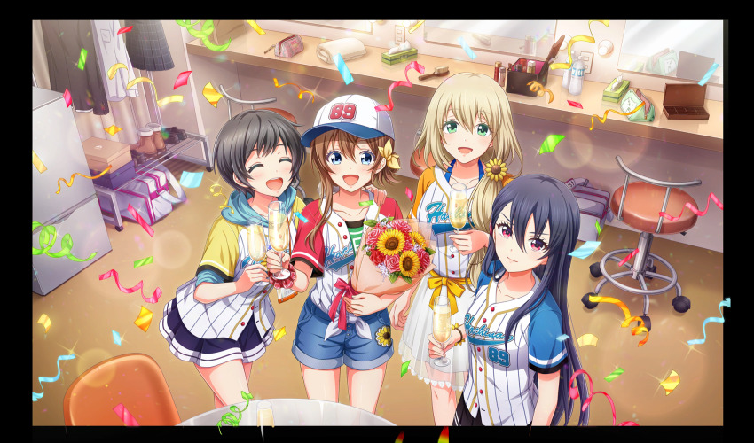 4girls :d ^_^ arihara_tsubasa baseball_cap baseball_uniform black_border black_hair black_skirt blonde_hair blue_eyes blue_shorts border bow brown_hair cinderella_series closed_eyes closed_mouth confetti cup drinking_glass dutch_angle flower from_above game_cg glint green_eyes hachigatsu_no_cinderella_nine hair_between_eyes hair_bow hair_brush hat highres holding holding_cup indoors kawakita_tomoe lens_flare light_particles long_hair looking_at_viewer multiple_girls non-web_source nozaki_yuuki official_art open_mouth plastic_bottle pleated_skirt red_eyes refrigerator shinonome_ryo shirt short_hair short_sleeves shorts skirt smile sportswear streamers striped_clothes striped_shirt tissue_box unworn_shirt unworn_skirt white_bag yellow_bow