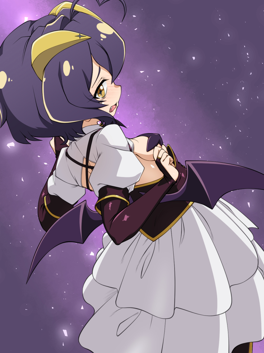 +_+ 1girl antenna_hair bat_wings blush breasts cape covered_erect_nipples curled_horns demon_girl demon_horns elbow_gloves embarrassed eyebrows eyelashes fang feet_out_of_frame female_focus fingerless_gloves from_above from_behind gloves hands_up hiiragi_utena horns looking_at_viewer looking_back low_wings magia_baiser mahou_shoujo_ni_akogarete nurugamer-kouyouju open_mouth pasties petite profile purple_background purple_gloves purple_hair purple_sash sash short_hair shrug_(clothing) simple_background small_breasts solo tongue twisted_torso two-tone_gloves two-tone_sash w_arms waist_cape white_cape white_shrug wings yellow_eyes yellow_gloves yellow_horns yellow_sash