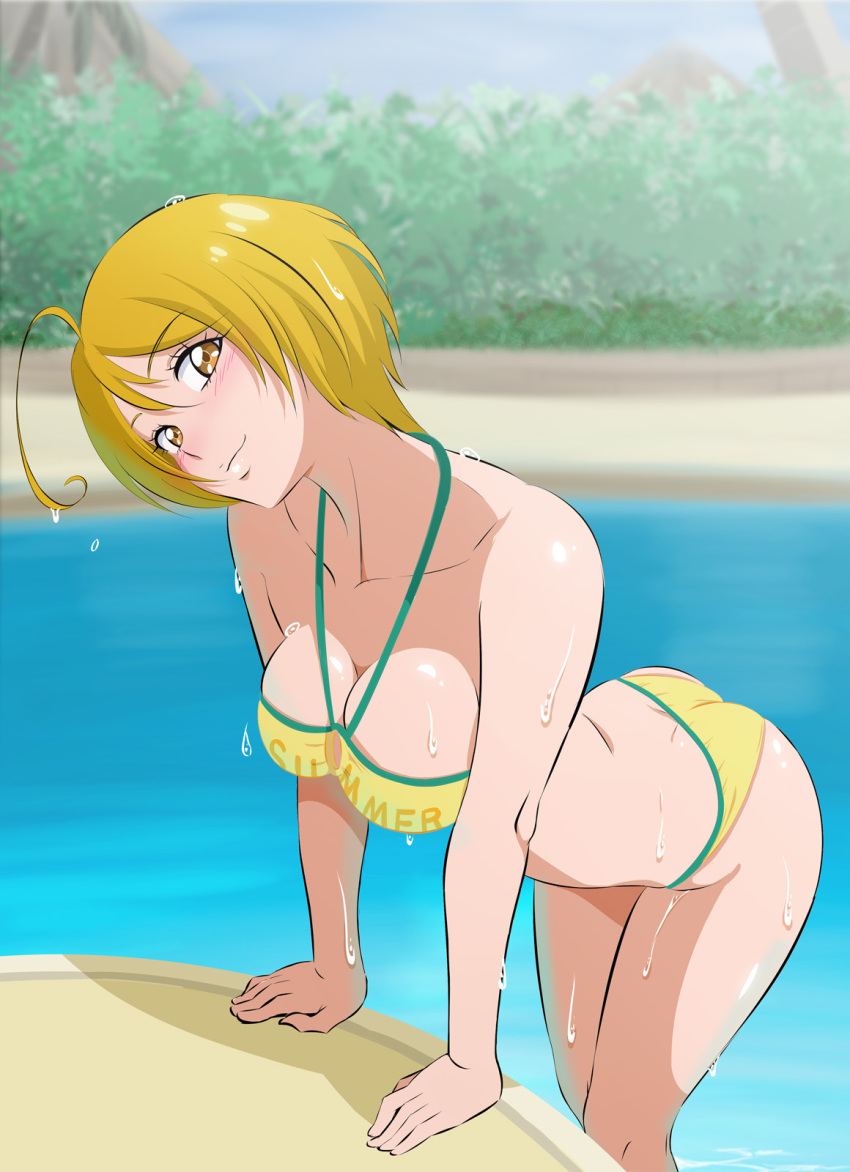 1girl ahoge ass bikini blonde_hair breasts bush cleavage collarbone dimples_of_venus fuchi_(nightmare) highres hugtto!_precure kagayaki_homare large_breasts looking_at_viewer pool precure short_hair smile solo swimsuit water yellow_bikini yellow_eyes