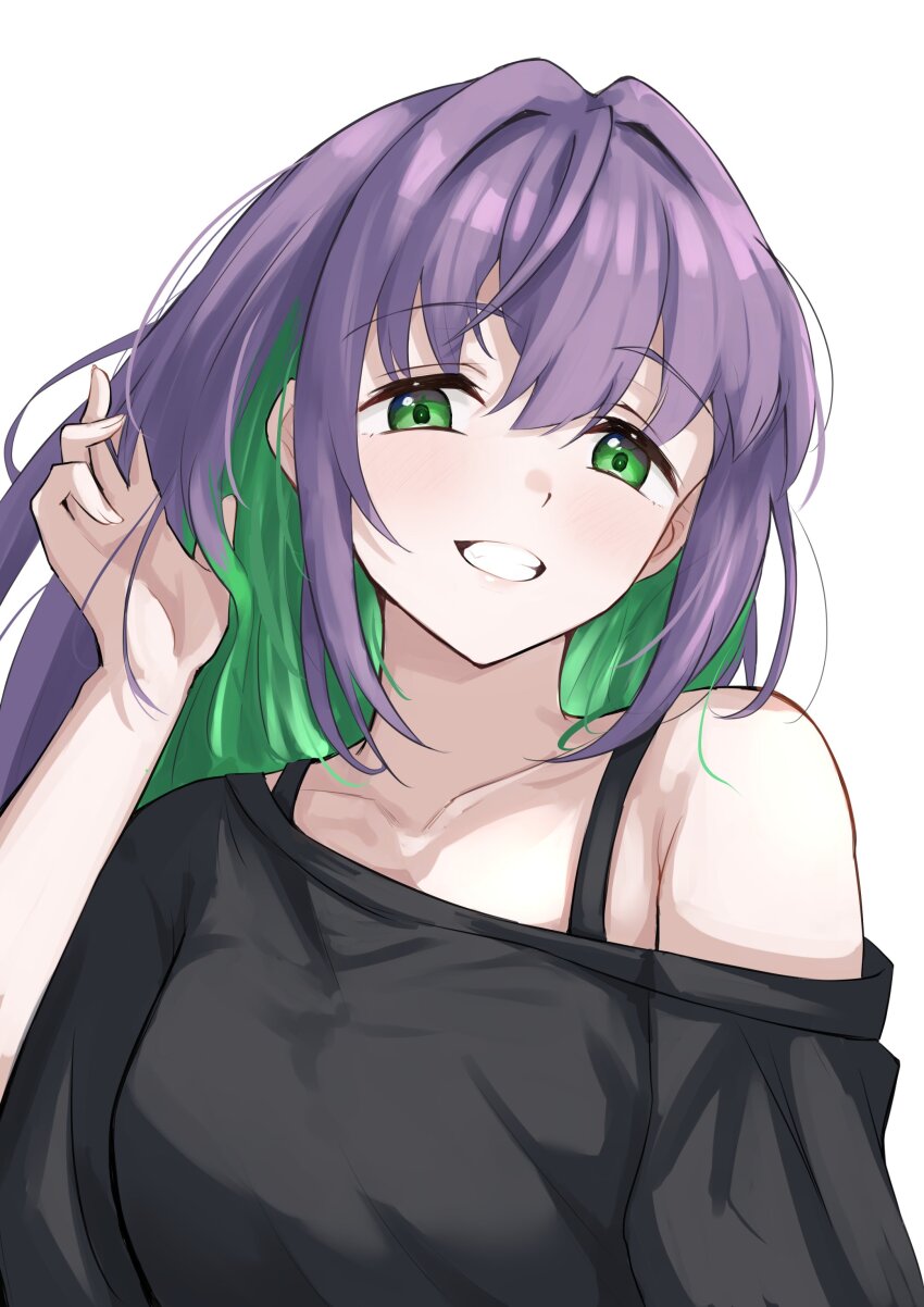 1girl absurdres alternate_hair_color armpit_crease black_shirt breasts collarbone colored_inner_hair commentary green_eyes green_hair grin hair_down highres ixianim large_breasts link!_like!_love_live! long_hair looking_at_viewer love_live! multicolored_hair otomune_kozue purple_hair shirt sidelocks simple_background single_off_shoulder smile solo strap teeth two-tone_hair upper_body virtual_youtuber white_background