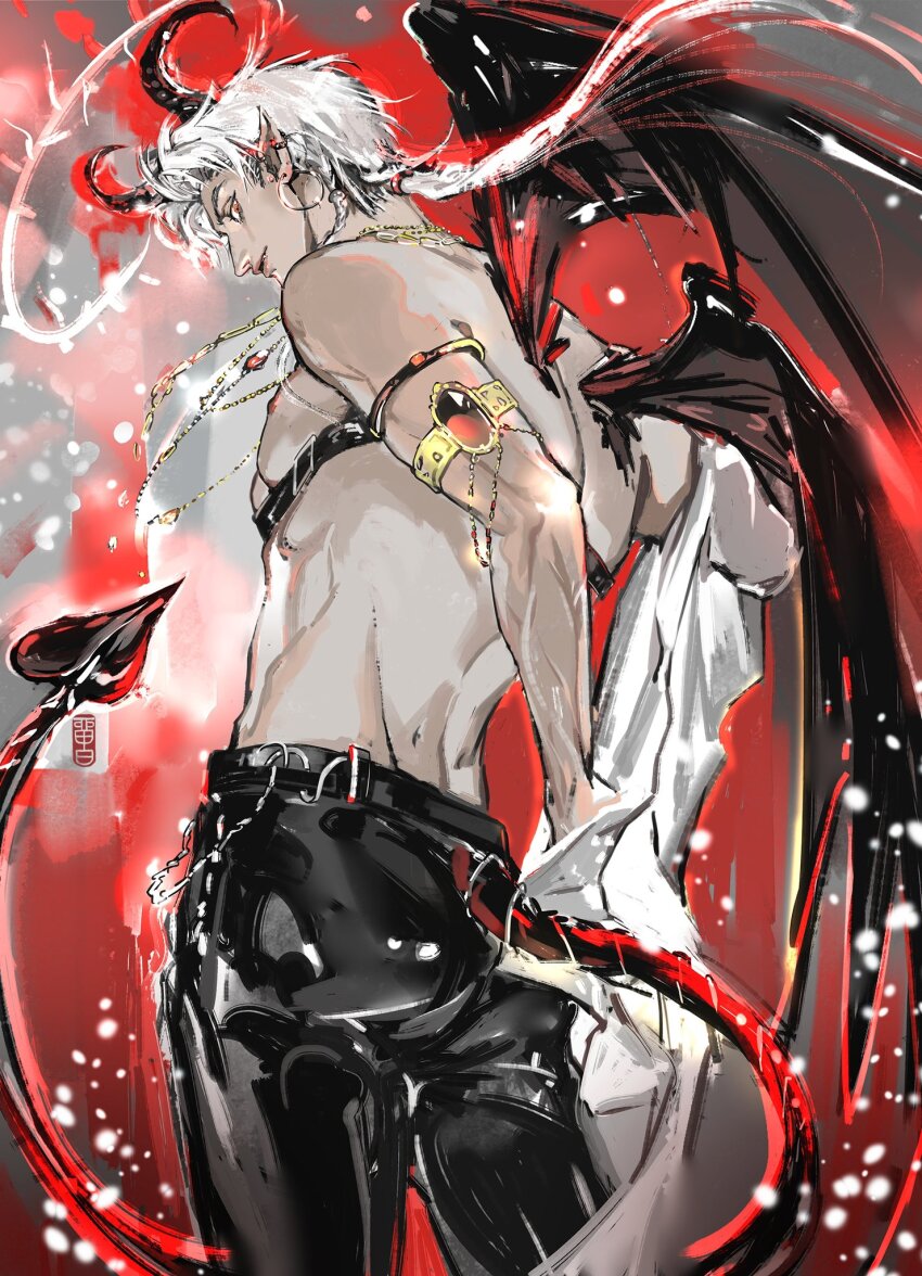 1boy armlet belt black_belt black_horns black_pants black_wings cowboy_shot ear_piercing earrings gem harness highres horns jewelry lips liubai_615 long_hair looking_at_viewer love_and_deepspace male_focus muscular muscular_male necklace pants parted_lips pectorals piercing pointy_ears profile red_eyes red_gemstone red_tail solo standing sylus_(love_and_deepspace) tail white_hair wings