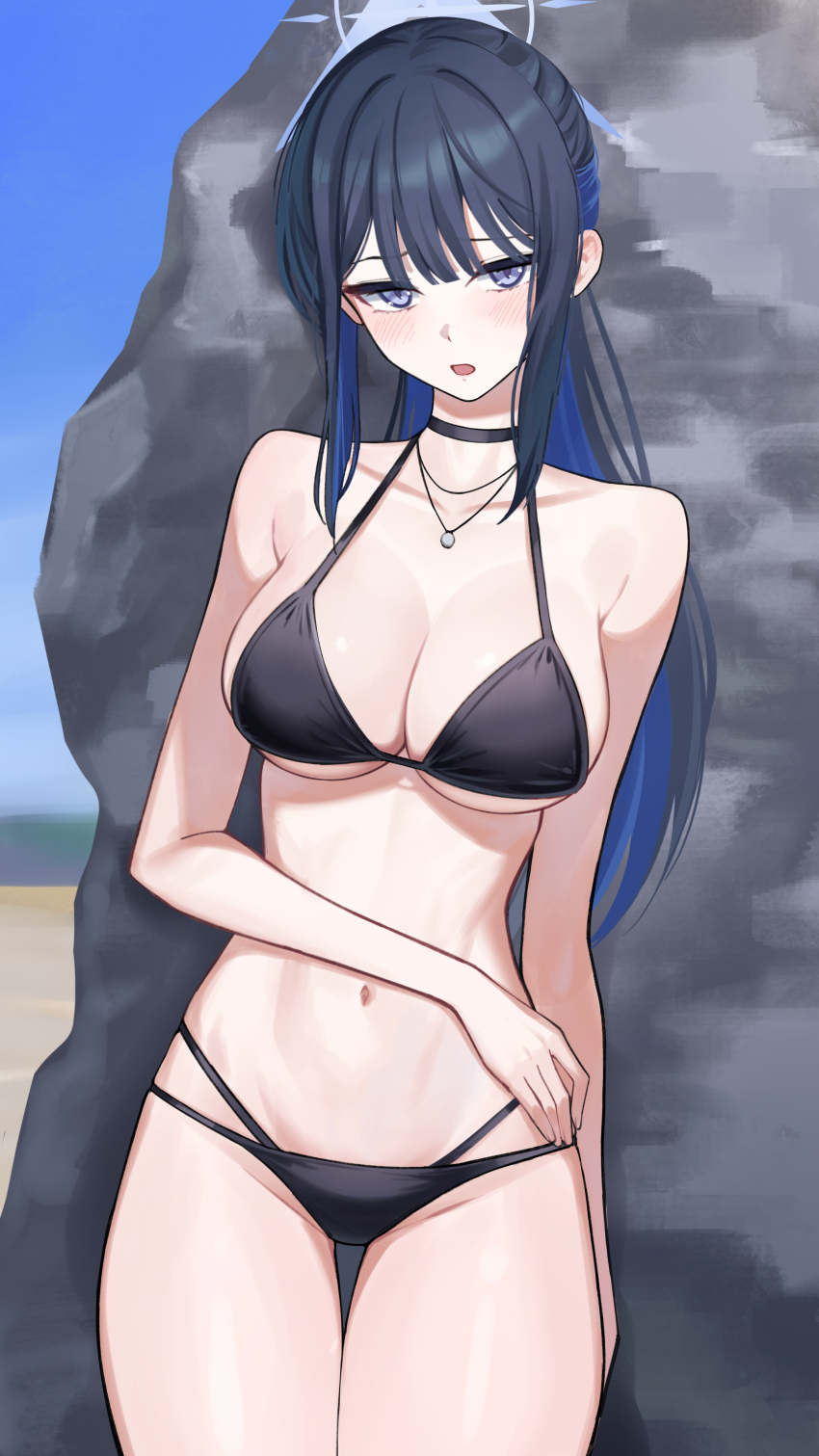 1girl absurdres aoi_riko beach bikini black_bikini black_choker black_hair blue_archive blue_eyes blue_hair blue_sky blush breasts choker cleavage cowboy_shot day halo highres jewelry large_breasts long_hair looking_at_viewer multicolored_hair necklace official_alternate_hairstyle open_mouth outdoors ponytail rock saori_(blue_archive) sidelocks sky solo swimsuit