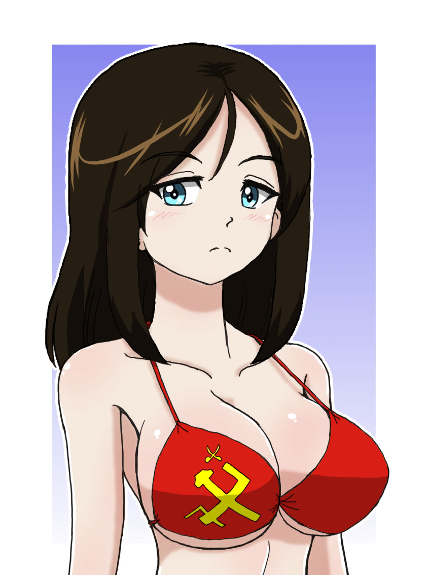 1girl bikini blue_eyes breasts brown_hair cleavage expressionless flag_print girls_und_panzer highres large_breasts long_hair looking_at_viewer nonna_(girls_und_panzer) red_bikini solo soviet_flag swimsuit underboob