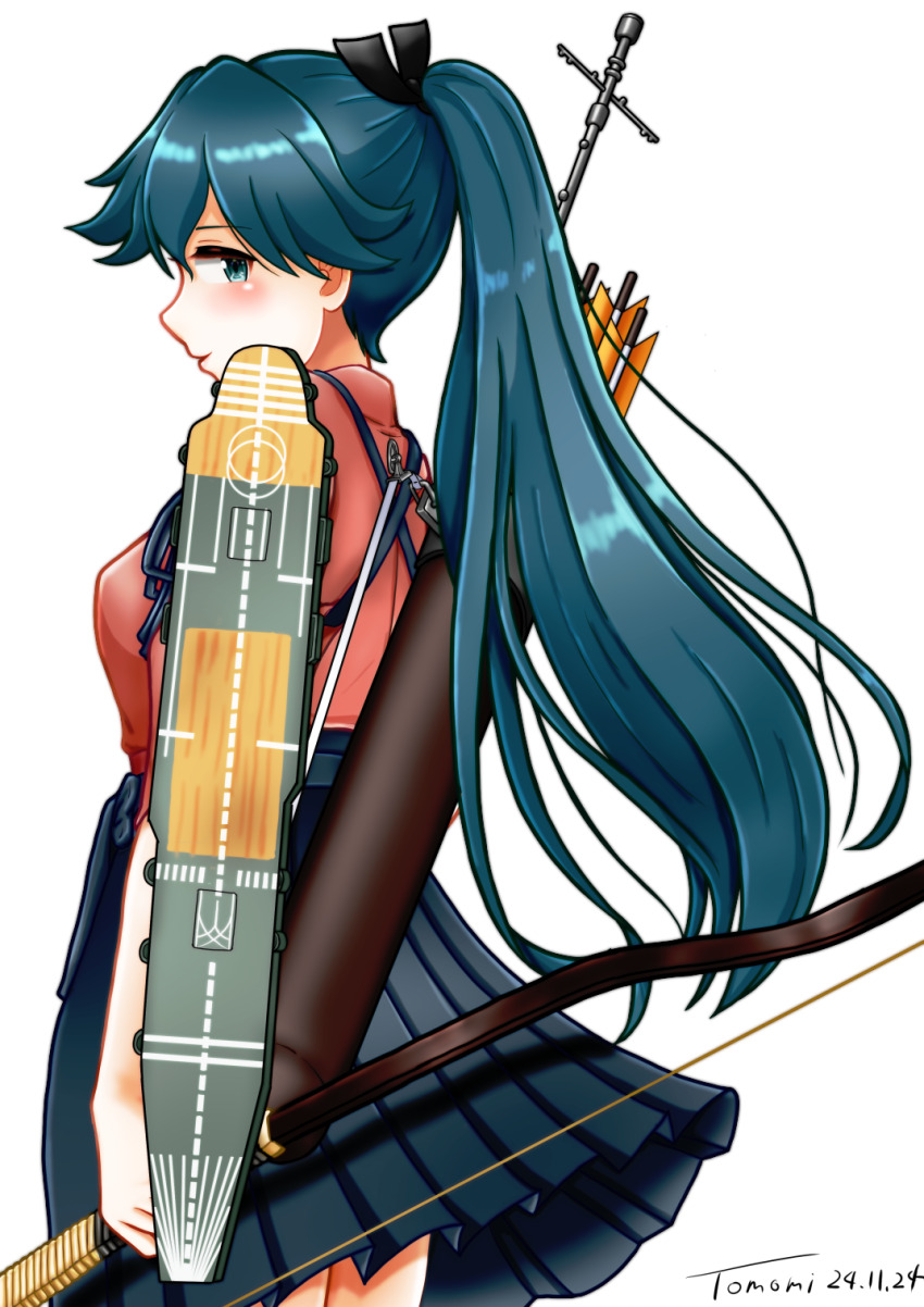 1girl arrow_(projectile) black_hakama black_ribbon blue_hair bow_(weapon) breasts flight_deck from_side grey_eyes hair_ribbon hakama hakama_short_skirt hakama_skirt highres holding holding_bow_(weapon) holding_weapon houshou_(kancolle) japanese_clothes kantai_collection kimono long_hair medium_breasts pink_kimono ponytail quiver ribbon rigging skirt smile solo tasuki ura_tomomi very_long_hair weapon yumi_(bow)