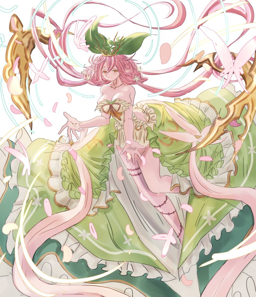 1girl absurdres backless_outfit breasts cleavage flower granblue_fantasy hair_flower hair_ornament highres leaf leaf_on_head low_twintails monster_girl mou_pl pink_hair plant_girl plant_on_head pointy_ears solo sprout_on_head thorns twintails yggdrasil_(granblue_fantasy)