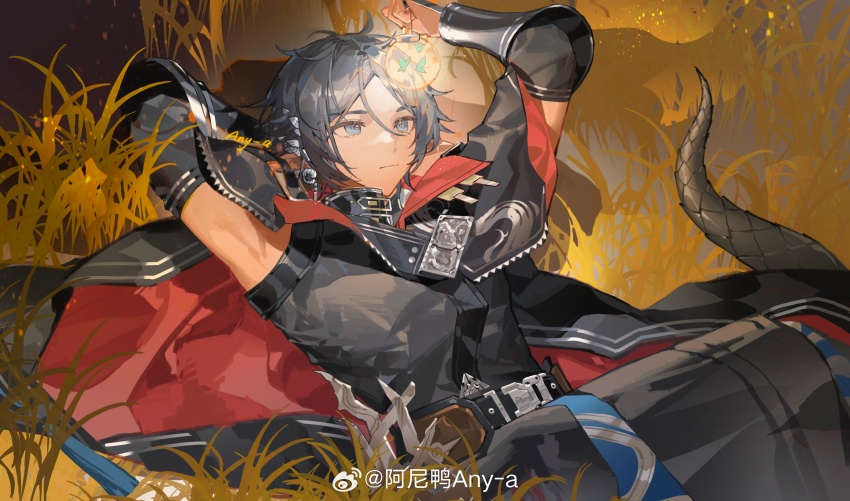 1boy absurdres aniao_ya arknights arm_behind_head armor arms_up black_cape black_shirt black_tail blue_eyes cape chinese_clothes chinese_commentary closed_mouth commentary_request grey_hair hair_between_eyes highres holding light_particles lying male_focus on_back plant pointy_ears red_cape shirt short_hair sleeveless sleeveless_shirt solo tail two-sided_cape two-sided_fabric vambraces watermark weibo_logo weibo_watermark zuo_le_(arknights)