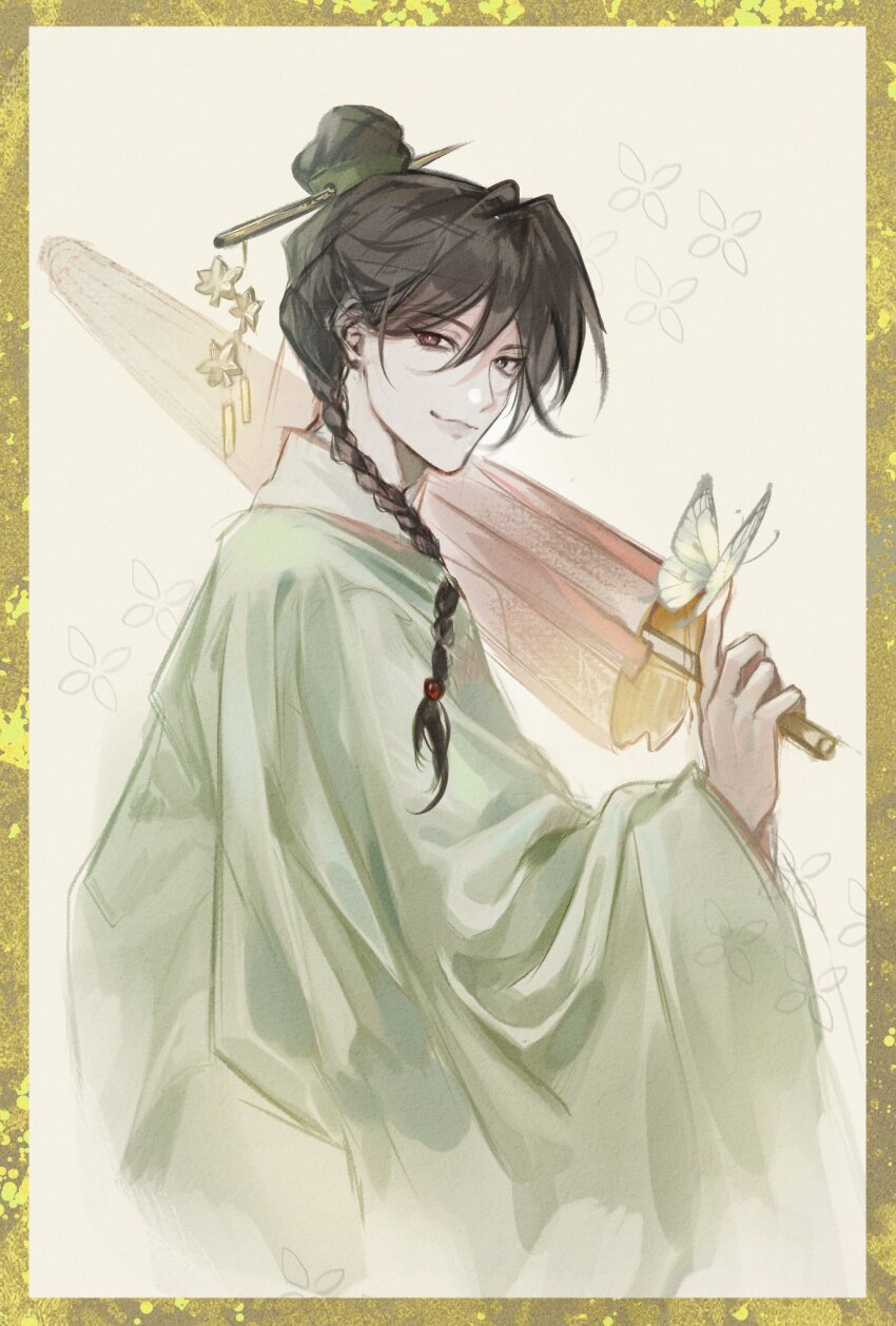 1boy black_hair braid bug butterfly butterfly_on_hand chinese_clothes chinese_hairpin closed_mouth closed_umbrella gold_border green_hanfu grey_eyes hair_bun hanfu heterochromia highres holding holding_umbrella hua_cheng insect korean_commentary lerira9 long_hair long_sleeves looking_at_viewer male_focus official_alternate_costume oil-paper_umbrella red_eyes red_umbrella single_braid single_hair_bun smile solo tianguan_cifu umbrella upper_body wide_sleeves