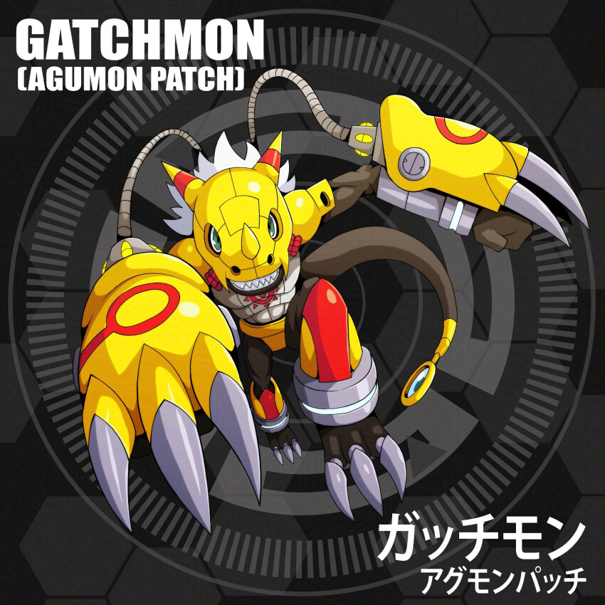 agumon armor cable claws digimon fusion gatchmon looking_at_viewer original sharp_teeth tail teeth