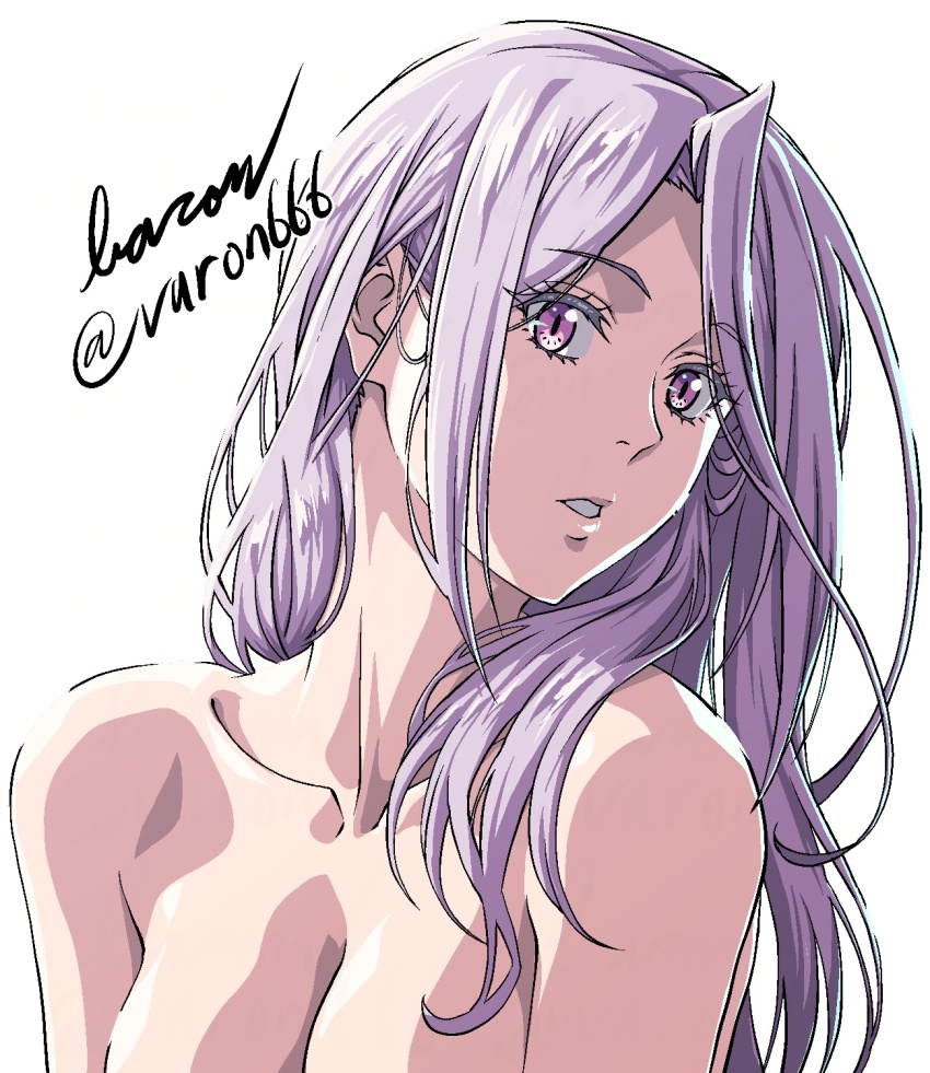 1girl artist_name baron_(varon666) breasts cleavage collarbone fuuto_tantei highres kamen_rider kamen_rider_w large_breasts long_hair looking_at_viewer nude purple_eyes purple_hair simple_background solo tokime_(fuuto_tantei) twitter_username upper_body varon white_background