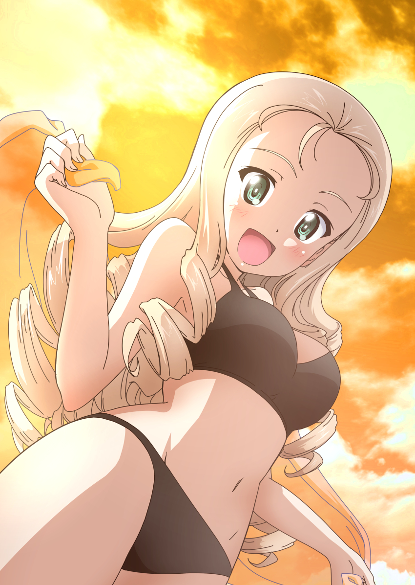 1girl :d absurdres bad_id bad_twitter_id bikini black_bikini blonde_hair breasts cloud cloudy_sky cowboy_shot drill_hair dutch_angle girls_und_panzer green_eyes highres holding holding_towel kanau long_hair looking_at_viewer looking_down marie_(girls_und_panzer) medium_breasts navel open_mouth orange_sky outdoors sky smile solo standing sunset swimsuit towel