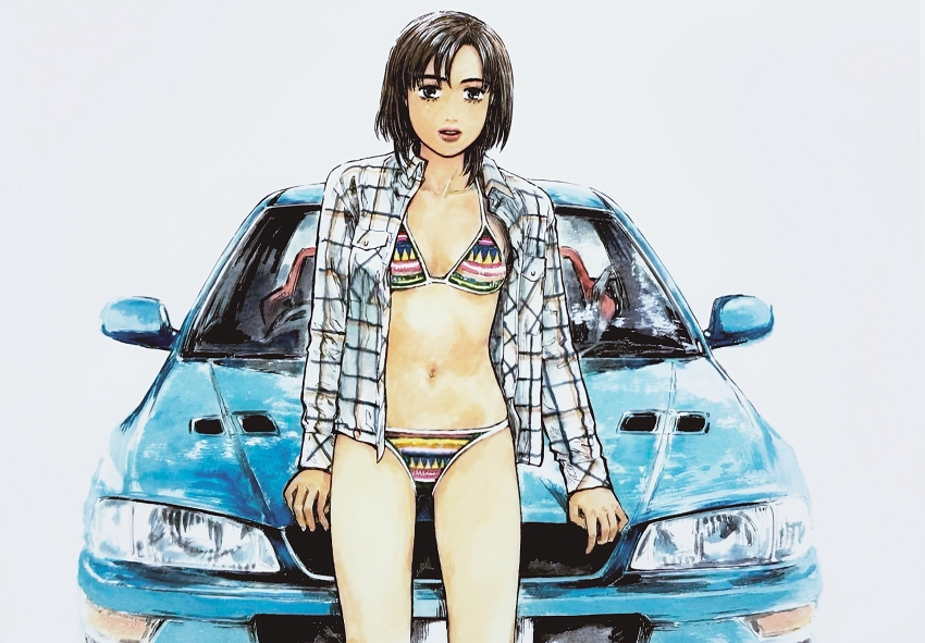 1girl bottomless breasts brown_eyes brown_hair buttons car comic cover cover_page day dress_shirt highres initial_d lips lipstick looking_at_viewer makeup manga_cover medium_breasts motor_vehicle navel official_art open_clothes open_mouth open_shirt outdoors plaid_clothes plaid_shirt pocket red_lips right-hand_drive shigeno_shuuichi shirt short_hair smile solo standing subaru subaru_(brand) subaru_impreza swept_bangs swimsuit uehara_mika vehicle vehicle_focus