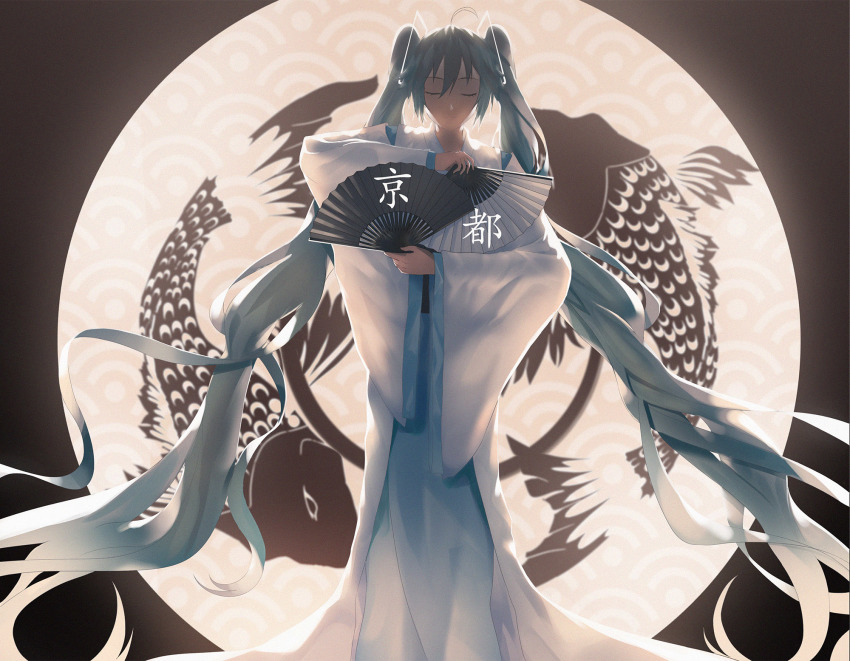 1girl backlighting fish full_moon hand_fan hatsune_miku highres kuroi_enpitsu long_hair moon seigaiha tagme very_long_hair vocaloid