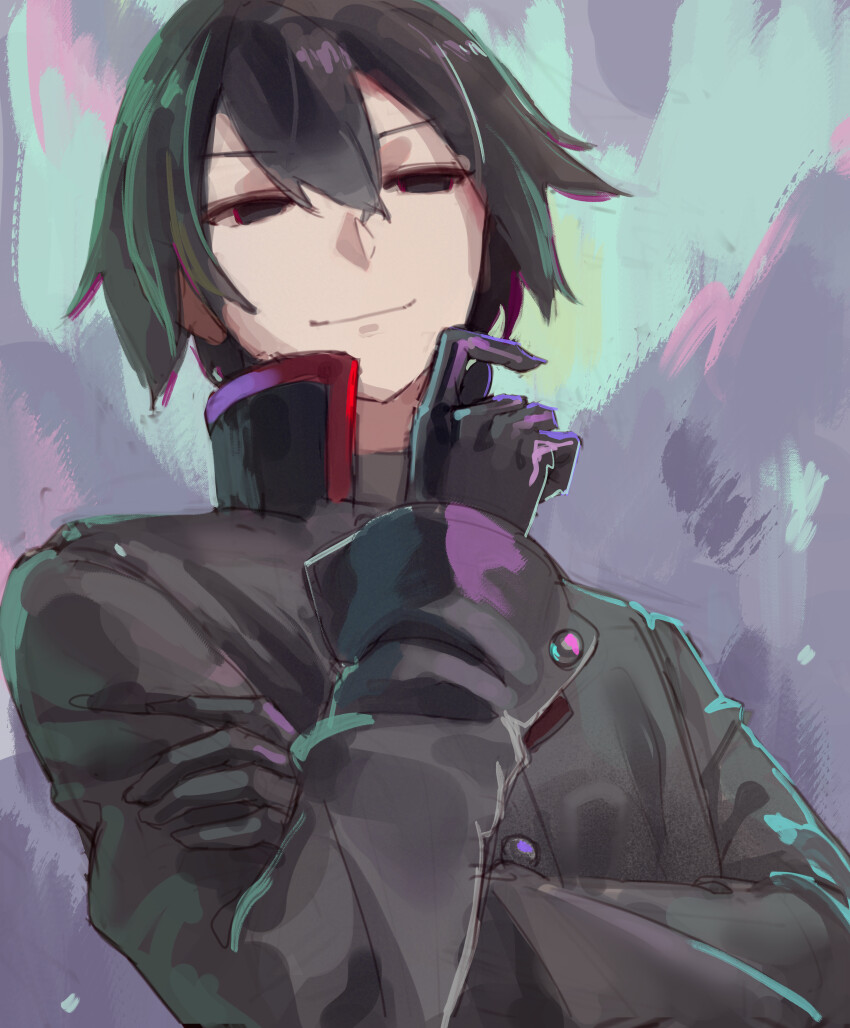 1boy absurdres black_eyes black_gloves black_hair black_jacket commentary crossed_bangs curled_fingers empty_eyes from_below gakuran gloves green_background grey_background hair_between_eyes hand_on_own_arm hand_up highres jacket kakapyramid long_sleeves looking_at_viewer looking_down male_focus monogatari_(series) multicolored_hair naoetsu_high_school_uniform oshino_ougi red_hair red_trim school_uniform solo standing streaked_hair upper_body