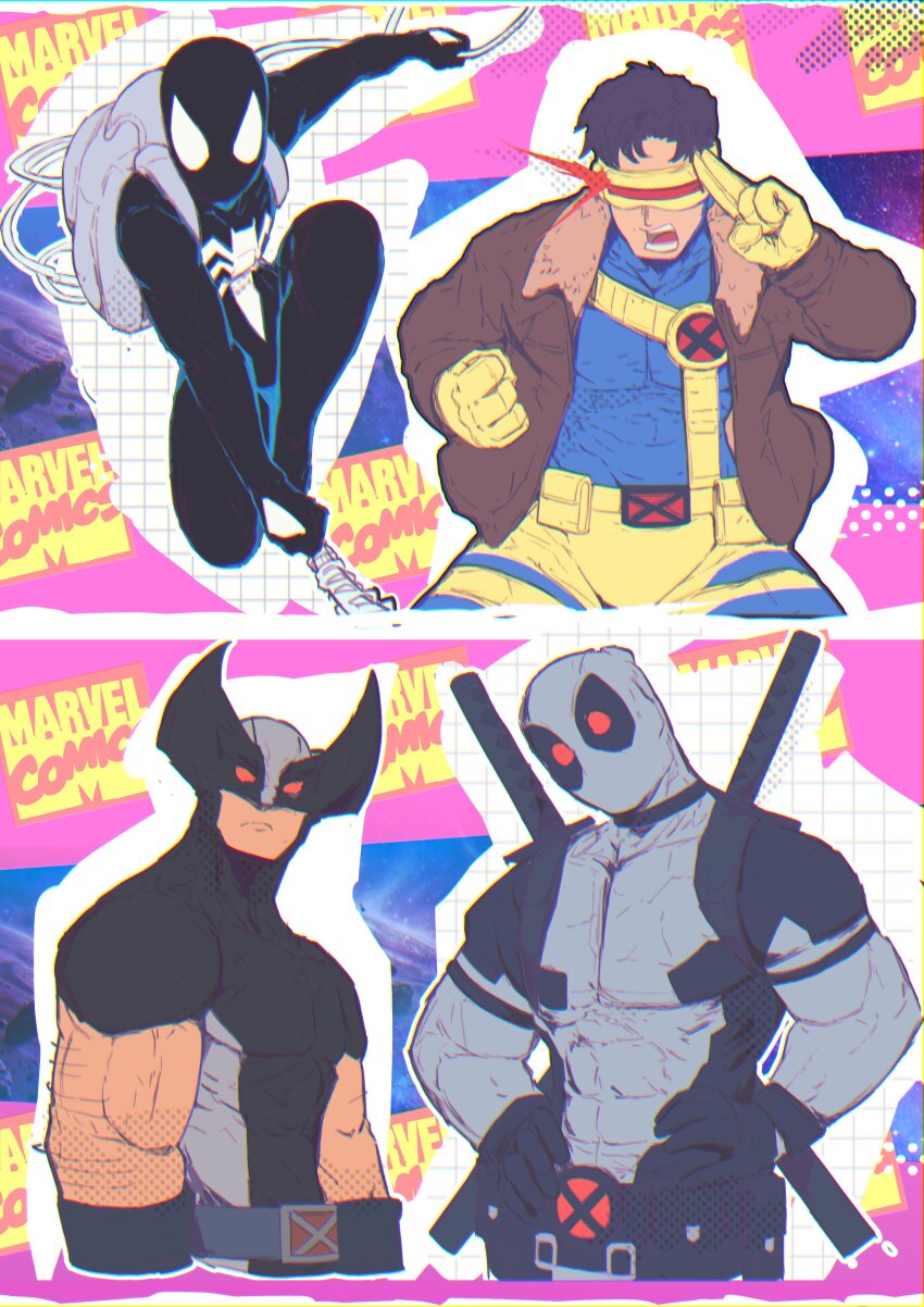 7_passes absurdres black_bodysuit bodysuit cropped_legs cyclops_(x-men) deadpool deadpool_(series) eye_mask highres male_focus marvel mask michel_teru multiple_boys scott_summers silk spider-man spider-man_(series) spider_web superhero_costume wolverine_(x-men) x-men