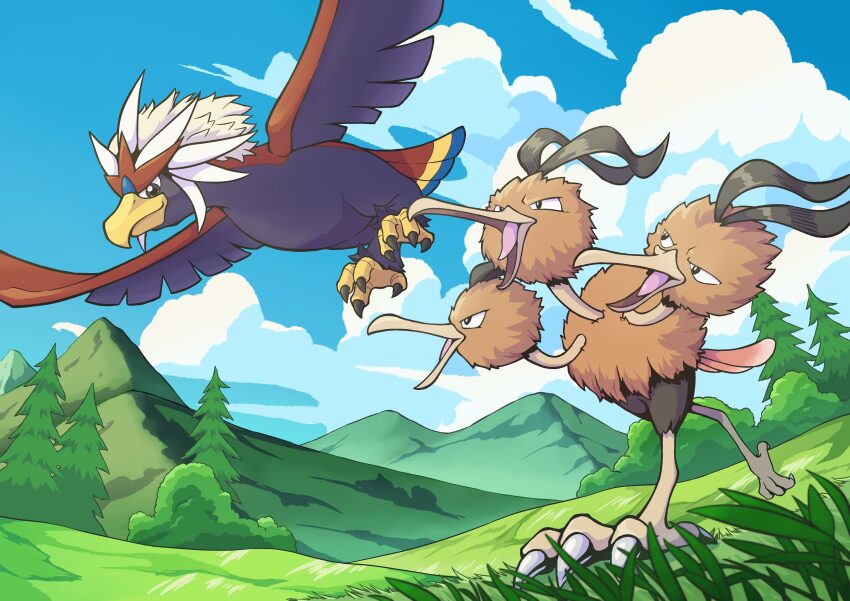 absurdres animal_focus bird braviary cloud commentary_request creatures_(company) day dodrio game_freak gen_1_pokemon gen_5_pokemon grass highres hill nintendo no_humans outdoors pokemon pokemon_(creature) q-chan sky tree