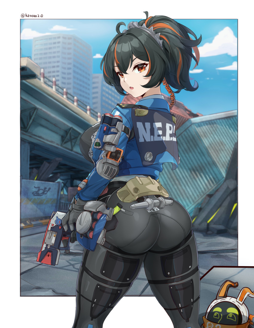 1girl absurdres ass black_hair blue_jacket blue_sky border breasts eous_(zenless_zone_zero) from_behind gun handlebar high-waist_pants highres holding holding_gun holding_weapon jacket kanoko2.0 large_breasts looking_back metal_hairband multicolored_hair pants police police_uniform policewoman ponytail red_eyes red_hair sky solo streaked_hair tight_clothes tight_pants weapon white_border zenless_zone_zero zhu_yuan