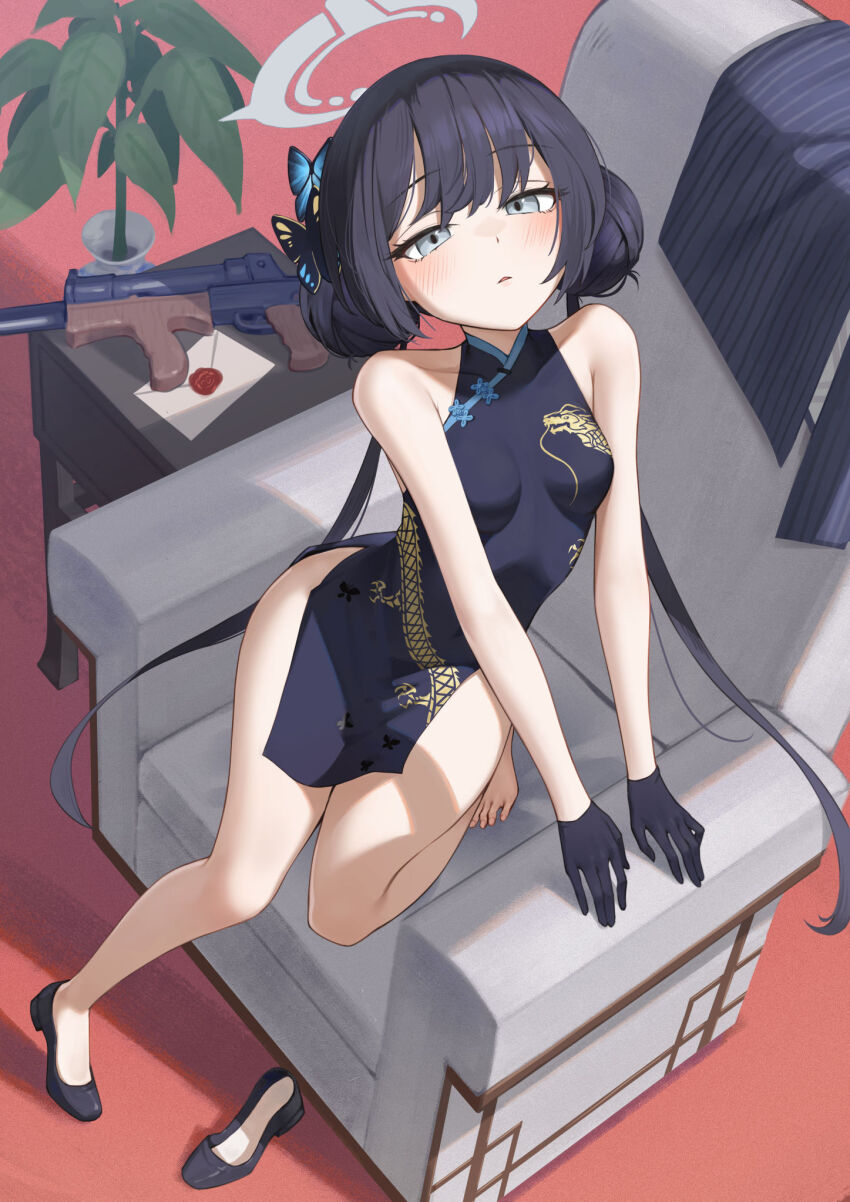 1girl bare_shoulders black_dress black_footwear black_gloves black_hair blue_archive blush breasts butterfly_hair_ornament chair china_dress chinese_clothes coat double_bun dragon_print dress easy_chair envelope full_body gloves grey_coat grey_eyes gun hair_bun hair_ornament half_gloves halo highres kisaki_(blue_archive) long_hair looking_at_viewer miso_(b7669726) parted_lips pelvic_curtain plant potted_plant short_dress side_slit small_breasts solo twintails unworn_coat weapon