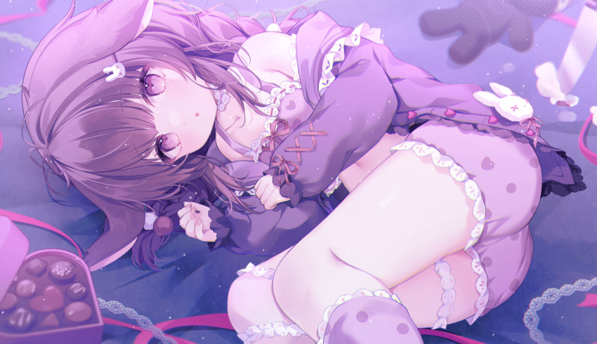 1girl animal_ears bloomers box box_of_chocolates braid brown_hair chocolate coat collarbone fallenshadow fallenshadow_(pajamas) frilled_coat frills hair_ornament heart heart-shaped_box heart_print highres indie_virtual_youtuber kneehighs komachi_pochi long_hair lop_rabbit_ears navel purple_coat purple_eyes rabbit_ears rabbit_hair_ornament second-party_source sleepwear socks solo underwear virtual_youtuber