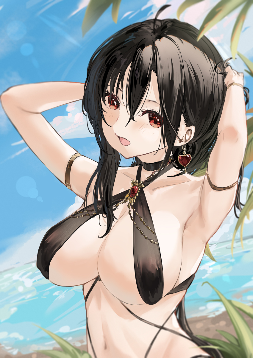 1girl absurdres armlet armpits arms_behind_head azur_lane beach bikini black_bikini black_hair bolzano_(azur_lane) bolzano_(tempting_treasure)_(azur_lane) breasts earrings gem heart heart_earrings highres jewelry large_breasts light_blush long_hair looking_at_viewer loushao navel official_alternate_costume palm_leaf red_eyes solo stomach swimsuit upper_body very_long_hair water