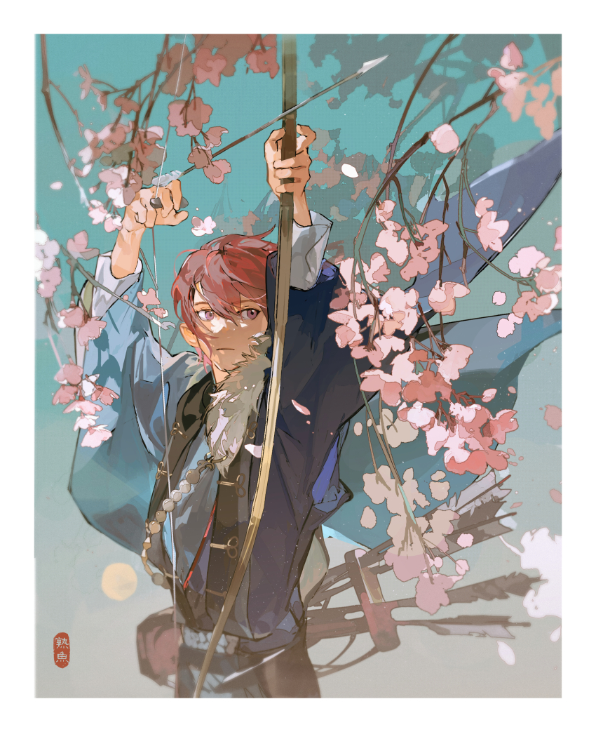 1boy absurdres archery arms_up arrow_(projectile) beads border bow_(weapon) branch closed_mouth dappled_sunlight drawing_bow ensemble_stars! flower fortune_banquet_(ensemble_stars!) frown full_moon fur_trim gradient_sky highres holding holding_bow_(weapon) holding_weapon long_sleeves male_focus moon pink_flower plant purple_eyes quiver red_hair robe short_hair shule_de_yu sideways_glance sky solo sunlight suou_tsukasa upper_body weapon wind