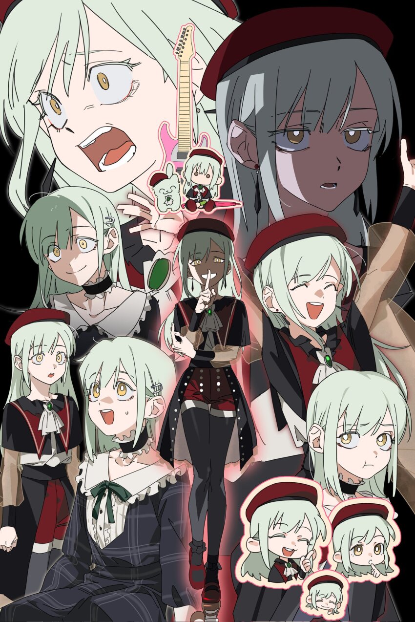 1girl ^_^ ascot bang_dream! bang_dream!_it&#039;s_mygo!!!!! beret black_background black_capelet black_choker black_pantyhose black_skirt blue_dress capelet choker closed_eyes commentary dress electric_guitar frilled_choker frills green_brooch green_hair green_ribbon guitar hair_ornament hairclip hat highres index_finger_raised instrument long_hair lower_teeth_only molu_stranger mortis_(bang_dream!) multiple_views neck_ribbon open_mouth pantyhose pantyhose_under_shorts plaid_clothes plaid_dress pout red_hat red_shorts ribbon shorts showgirl_skirt simple_background skirt sweatdrop symbol-only_commentary teeth upper_teeth_only wakaba_mutsumi white_ascot wide-eyed yellow_eyes