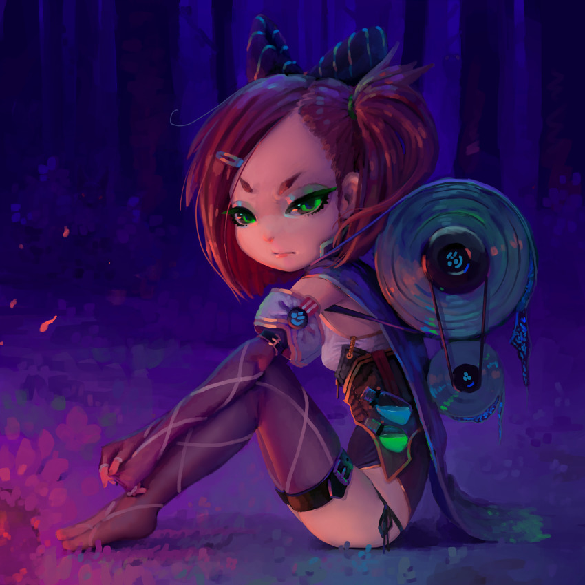 1girl annoyed black_bow bow breasts brown_hair cape child cork fetal_position fingerless_gloves fire fiz-rot forest from_side full_body gloves grass green_eyes hair_ornament hairclip highres legs_together magical_girl nature night on_floor outdoors panties potion scenery scroll short_hair side-tie_panties side_ponytail sitting small_breasts test_tube thighhighs tree underbust underwear