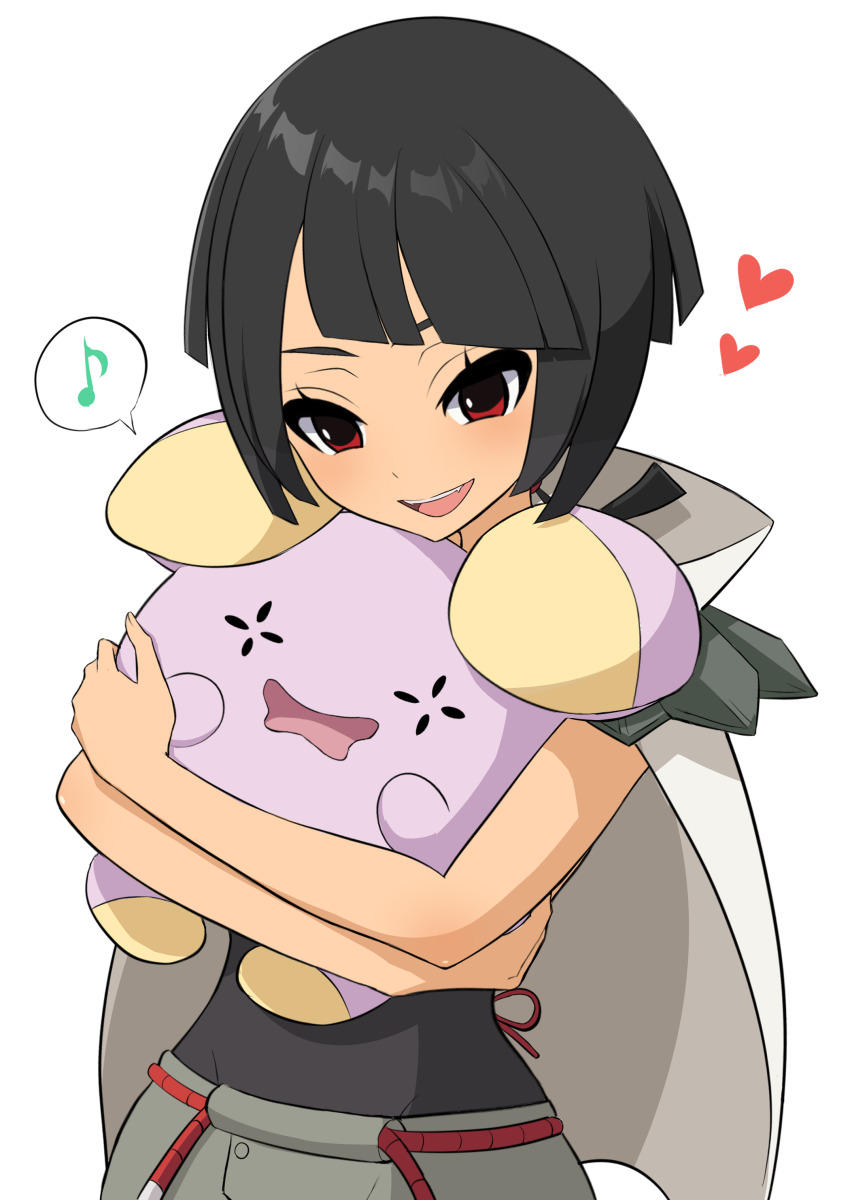 1girl :d absurdres belt black_hair black_shirt blunt_bangs cape commentary_request creatures_(company) game_freak gen_3_pokemon grey_shorts heart highres holding holding_pokemon looking_down musical_note nintendo open_mouth pokemon pokemon_(creature) pokemon_oras red_belt red_eyes rope_belt shirt shorts simple_background smile spoken_musical_note ssrg_srrg teeth upper_teeth_only whismur white_background zinnia_(pokemon)