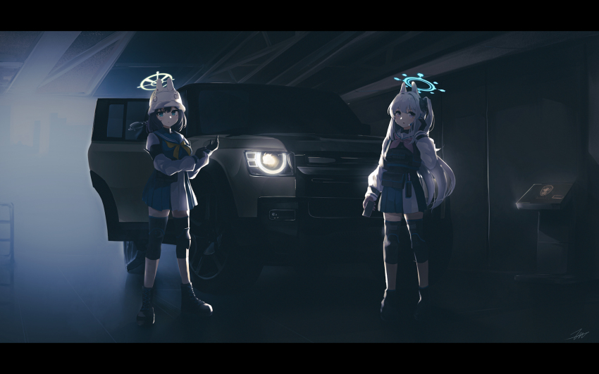 2girls animal_ears black_footwear black_gloves black_hair blue_archive blue_halo blue_sailor_collar blue_serafuku blue_skirt boots car closed_mouth combat_helmet fake_animal_ears full_body gloves green_eyes green_halo grey_hair halo hat helmet highres knee_pads korean_commentary long_hair long_sleeves miyako_(blue_archive) motor_vehicle multiple_girls neckerchief nougat_(no_9ada) one_side_up parted_lips pink_neckerchief pleated_skirt purple_eyes rabbit_ears sailor_collar saki_(blue_archive) school_uniform serafuku short_hair skirt sports_utility_vehicle stahlhelm two-tone_skirt white_hat white_sailor_collar white_skirt yellow_neckerchief