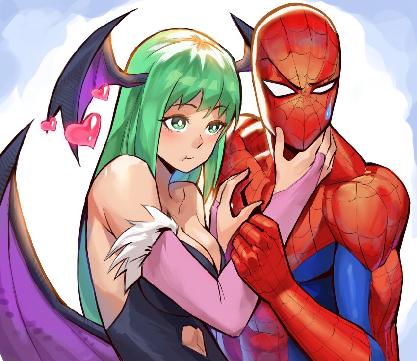 1boy 1girl absurdres artist_request bat_wings bridal_gauntlets capcom clothing_cutout demon_girl fur-trimmed_leotard fur_trim green_hair head_wings heart_cutout highres leotard low_wings marvel marvel_vs._capcom marvel_vs._capcom_2 morrigan_aensland off-shoulder_leotard purple_wings smile spider-man spider-man_(series) superhero_costume darkstalkers wings