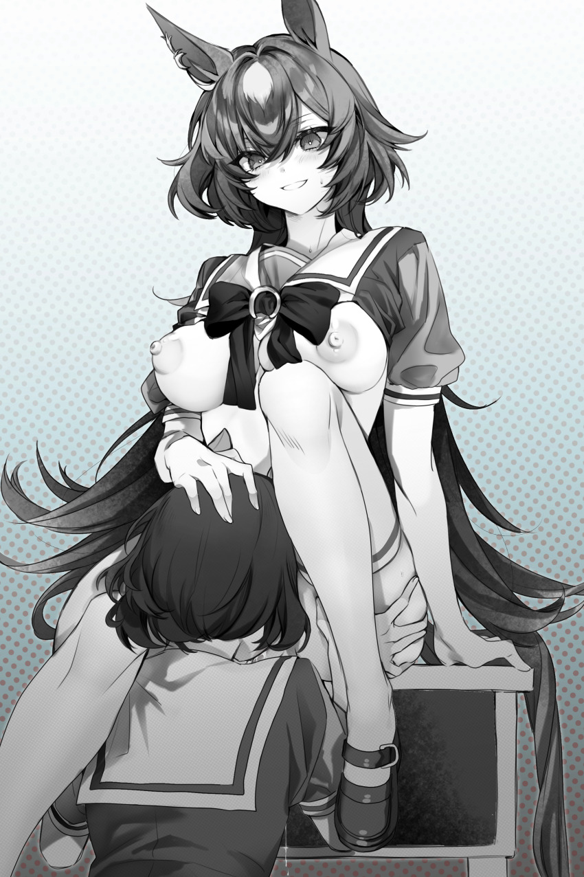 2girls absurdres animal_ears breasts clothes_lift desk hair_between_eyes hand_on_another&#039;s_head highres horse_ears horse_girl horse_tail implied_cunnilingus leg_grab long_hair monochrome multiple_girls nipples on_desk pussy_juice ribbon school_uniform shirt_lift shoes short_hair simple_background sirius_symboli_(umamusume) sitting smile sweat tail thighhighs tracen_school_uniform tuwu_(user_yvte3782) umamusume yuri