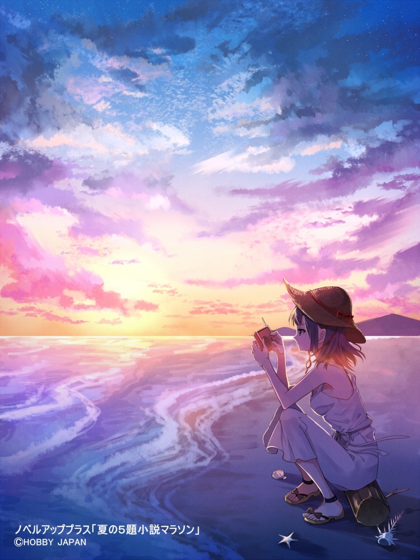 1girl bare_arms bare_shoulders black_hair brown_footwear brown_headwear closed_mouth cloud cloudy_sky commentary_request conch copyright_notice dress highres holding horizon knees_up log mountain nekozuki_yuki ocean official_art original outdoors profile radio sandals seashell shell sitting sky sleeveless sleeveless_dress solo starfish sunset translation_request water watermark white_dress