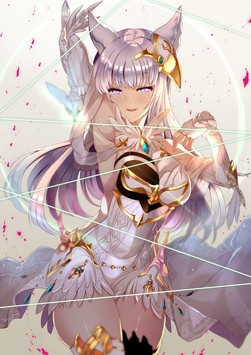 10s 1girl animal_ears arm_up armpits asymmetrical_clothes asymmetrical_legwear bare_shoulders black_thighhighs blunt_bangs blush breasts cat_ears cowboy_shot elbow_gloves erune female_focus gloves granblue_fantasy hair_ornament highres korwa large_breasts long_hair looking_at_viewer mismatched_legwear parted_lips pink_eyes sideboob silver_hair smile solo thighhighs white_gloves white_thighhighs xephonia