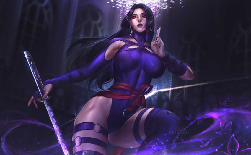 1girl ass black_hair breasts elbow_gloves gloves highleg highleg_leotard highres large_breasts leotard long_hair looking_at_viewer marvel marvel_rivals psylocke psylocke_(vengeance) purple_eyes purple_leotard sash sleinyeswownc solo superhero_costume thighhighs weapon x-men