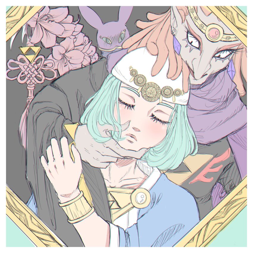 1girl 2boys blue_hair blush bracelet circlet closed_eyes earrings eyeliner flower grey_background hand_on_another&#039;s_chin hand_on_another&#039;s_face hat hood jewelry lips makeup mask multiple_boys nintendo picture_frame pointy_ears ravio red_hair robe scribsterdust seres_(zelda) short_hair smile the_legend_of_zelda the_legend_of_zelda:_a_link_between_worlds upper_body yuga_(zelda)