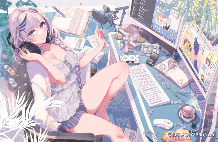 1girl airani_iofifteen ayunda_risu barefoot blue_eyes blue_nails braid breasts bright_pupils chair chips_(food) cleavage collarbone commentary cup english_commentary feather_hair_ornament feathers floating floating_object food glasses green_eyes grey_hair grey_skirt hair_ornament headphones headphones_around_neck highres hololive hololive_english hololive_indonesia jacket jacket_on_shoulders computer_keyboard long_hair looking_at_viewer magic makeup medium_breasts microphone miniskirt monitor moona_hoshinova nail_polish office_chair official_art pavolia_reine pavolia_reine_(peahen) petals pleated_skirt pochi_(pochi-goya) potato_chips single_braid sitting skirt solo sparkle sunglasses_on_head swivel_chair takanashi_kiara tea teacup very_long_hair virtual_youtuber white_pupils