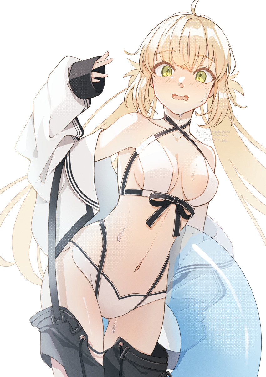 1girl absurdres ahoge artoria_caster_(fate) artoria_caster_(swimsuit)_(fate) artoria_caster_(swimsuit)_(first_ascension)_(fate) artoria_caster_(swimsuit_berserker)_(fate) artoria_caster_(swimsuit_berserker)_(first_ascension)_(fate) artoria_pendragon_(fate) bare_shoulders bikini black_ribbon blonde_hair blush breasts fate/grand_order fate_(series) green_eyes highres long_hair long_sleeves looking_at_viewer nyaa_kitsune open_mouth pants ribbon small_breasts swimsuit twintails white_background