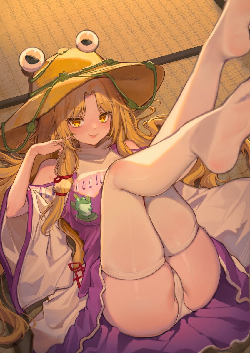 1girl absurdres alternate_hair_length alternate_hairstyle animal_print ass bare_shoulders blonde_hair blush brown_hat cameltoe commentary feet frog_print hair_ribbon hat highres horizontal_pupils legs_up long_hair looking_at_viewer lying moriya_suwako nail_polish no_shoes on_back panties pantyhose parted_bangs purple_skirt purple_vest qiu_ju red_ribbon ribbon shirt skirt skirt_set smile solo touhou tress_ribbon turtleneck twirling_hair underwear very_long_hair vest white_panties white_shirt wide_sleeves yellow_nails