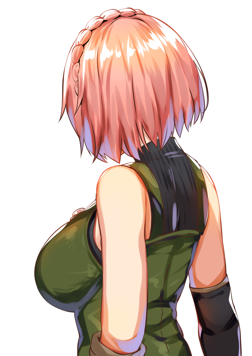 1girl back bare_shoulders belko black_gloves blush braid breasts crown_braid daiba_canon dress elbow_gloves gloves god_eater god_eater_2:_rage_burst green_dress highres large_breasts pink_hair short_hair simple_background solo turtleneck white_background